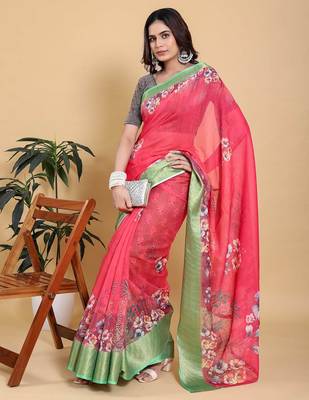 coral colour Ready to wear elegant print linen cotton saree with jacquard border & unstitched blouse 2
