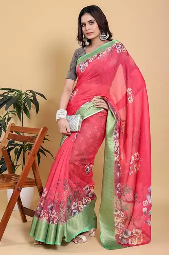 coral colour Ready to wear elegant print linen cotton saree with jacquard border & unstitched blouse