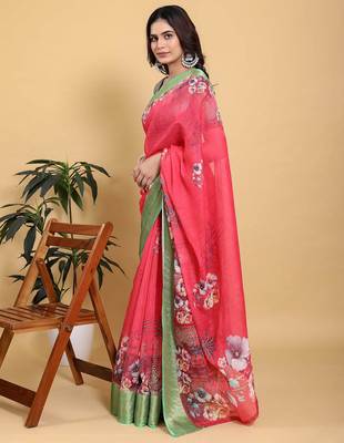 coral colour Ready to wear elegant print linen cotton saree with jacquard border & unstitched blouse 3
