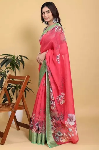coral colour Ready to wear elegant print linen cotton saree with jacquard border & unstitched blouse