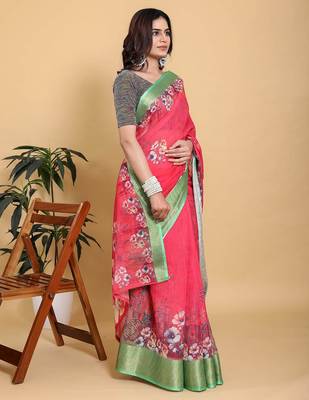 coral colour Ready to wear elegant print linen cotton saree with jacquard border & unstitched blouse 4