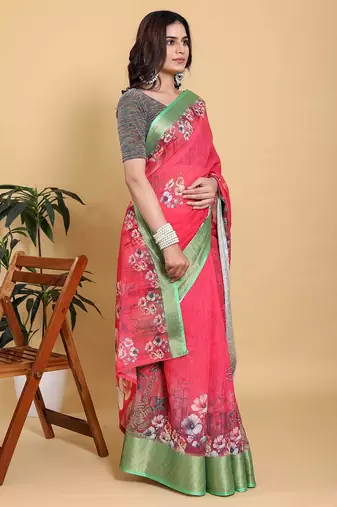 coral colour Ready to wear elegant print linen cotton saree with jacquard border & unstitched blouse