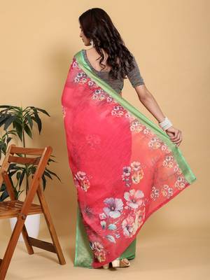 coral colour Ready to wear elegant print linen cotton saree with jacquard border & unstitched blouse 5