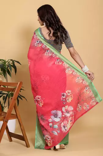 coral colour Ready to wear elegant print linen cotton saree with jacquard border & unstitched blouse