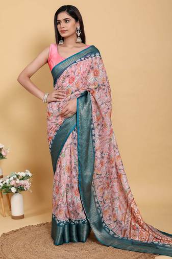peach colour Ready to wear elegant print linen cotton saree with jacquard border & unstitched blouse