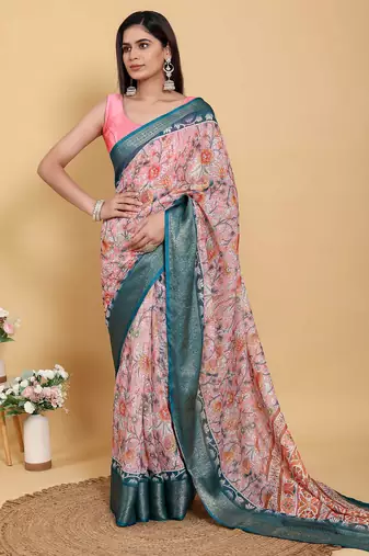 peach colour Ready to wear elegant print linen cotton saree with jacquard border & unstitched blouse