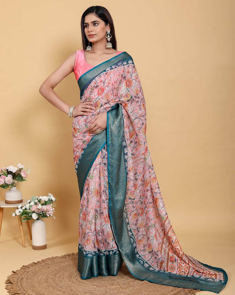 peach colour Ready to wear elegant print linen cotton saree with jacquard border & unstitched blouse