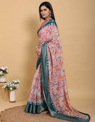peach colour Ready to wear elegant print linen cotton saree with jacquard border & unstitched blouse 2