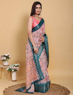 peach colour Ready to wear elegant print linen cotton saree with jacquard border & unstitched blouse 3
