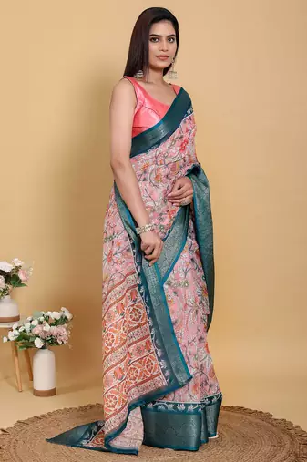 peach colour Ready to wear elegant print linen cotton saree with jacquard border & unstitched blouse