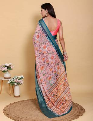 peach colour Ready to wear elegant print linen cotton saree with jacquard border & unstitched blouse 5