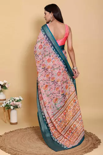 peach colour Ready to wear elegant print linen cotton saree with jacquard border & unstitched blouse