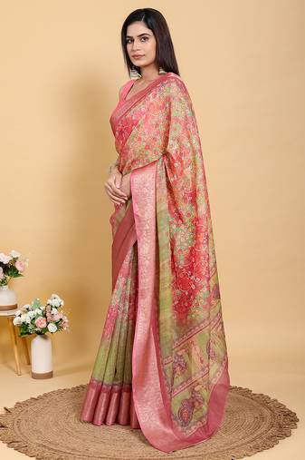 pink colour Ready to wear elegant print linen cotton saree with jacquard border & unstitched blouse