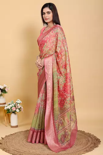 pink colour Ready to wear elegant print linen cotton saree with jacquard border & unstitched blouse