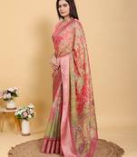 pink colour Ready to wear elegant print linen cotton saree with jacquard border & unstitched blouse