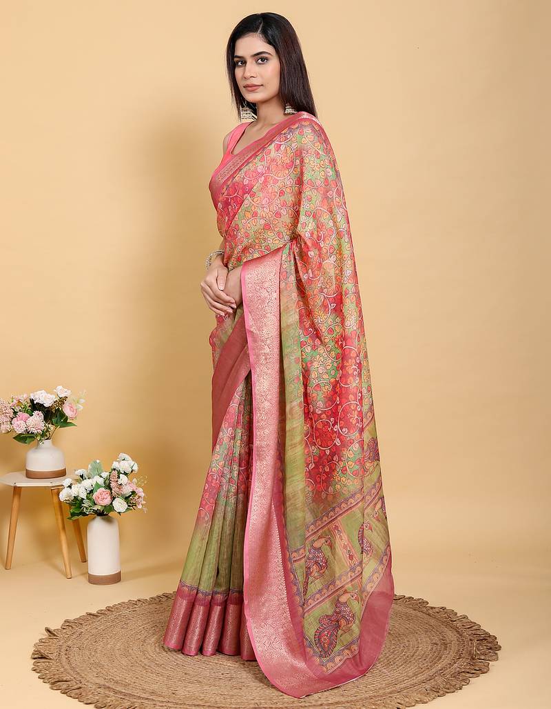 pink colour Ready to wear elegant print linen cotton saree with jacquard border & unstitched blouse
