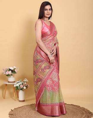 pink colour Ready to wear elegant print linen cotton saree with jacquard border & unstitched blouse 2