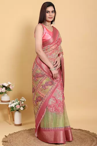 pink colour Ready to wear elegant print linen cotton saree with jacquard border & unstitched blouse