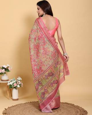 pink colour Ready to wear elegant print linen cotton saree with jacquard border & unstitched blouse 3