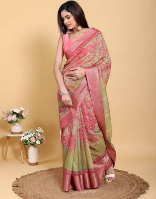 pink colour Ready to wear elegant print linen cotton saree with jacquard border & unstitched blouse 4