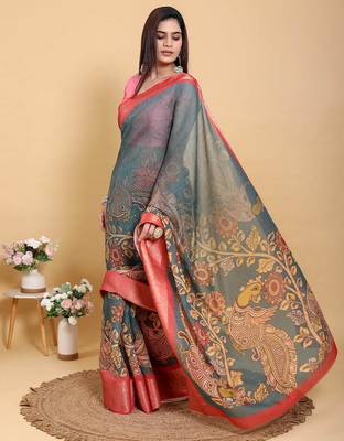 Ready to wear elegant print linen cotton saree with jacquard border & unstitched blouse 1