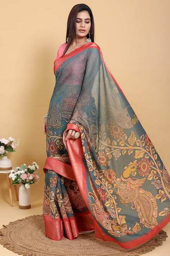 Ready to wear elegant print linen cotton saree with jacquard border & unstitched blouse
