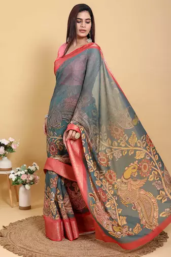 Ready to wear elegant print linen cotton saree with jacquard border & unstitched blouse