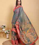 Ready to wear elegant print linen cotton saree with jacquard border & unstitched blouse