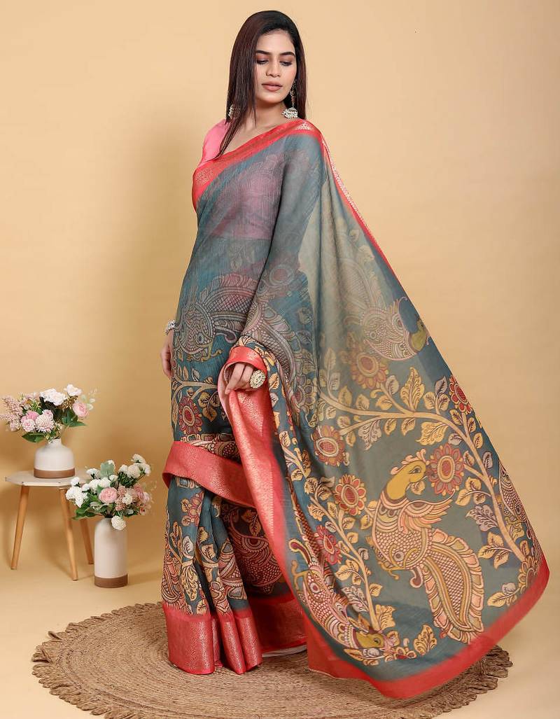 Ready to wear elegant print linen cotton saree with jacquard border & unstitched blouse