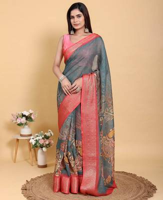 Ready to wear elegant print linen cotton saree with jacquard border & unstitched blouse 3