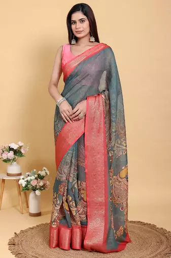 Ready to wear elegant print linen cotton saree with jacquard border & unstitched blouse