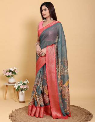 Ready to wear elegant print linen cotton saree with jacquard border & unstitched blouse 4