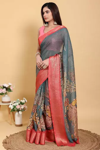 Ready to wear elegant print linen cotton saree with jacquard border & unstitched blouse