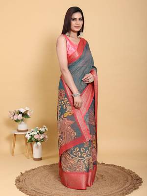 Ready to wear elegant print linen cotton saree with jacquard border & unstitched blouse 5