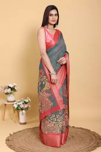 Ready to wear elegant print linen cotton saree with jacquard border & unstitched blouse