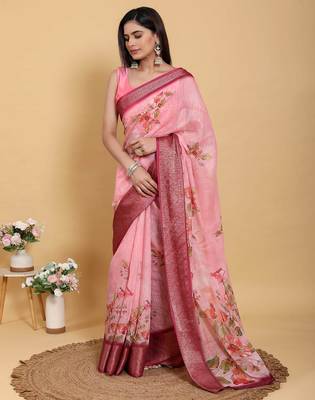 Ready to wear elegant print linen cotton saree with jacquard border & unstitched blouse 1