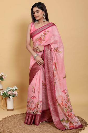 Ready to wear elegant print linen cotton saree with jacquard border & unstitched blouse
