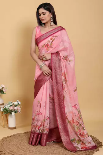 Ready to wear elegant print linen cotton saree with jacquard border & unstitched blouse