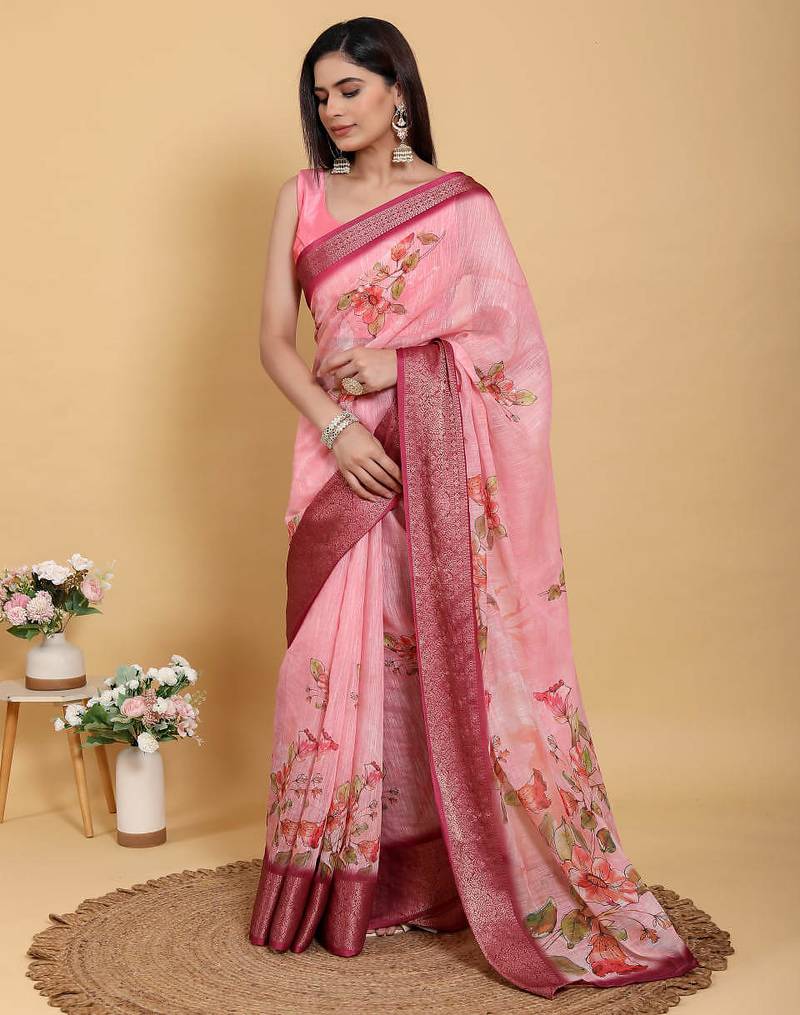 Ready to wear elegant print linen cotton saree with jacquard border & unstitched blouse