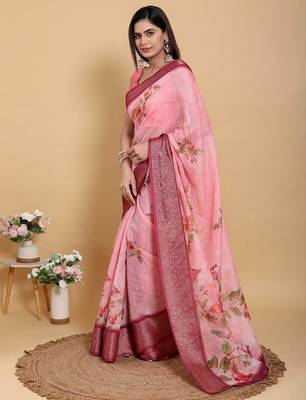 Ready to wear elegant print linen cotton saree with jacquard border & unstitched blouse 2