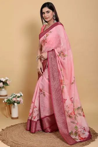 Ready to wear elegant print linen cotton saree with jacquard border & unstitched blouse