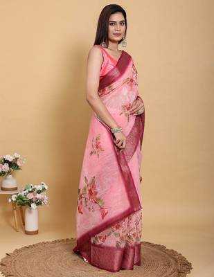 Ready to wear elegant print linen cotton saree with jacquard border & unstitched blouse 3