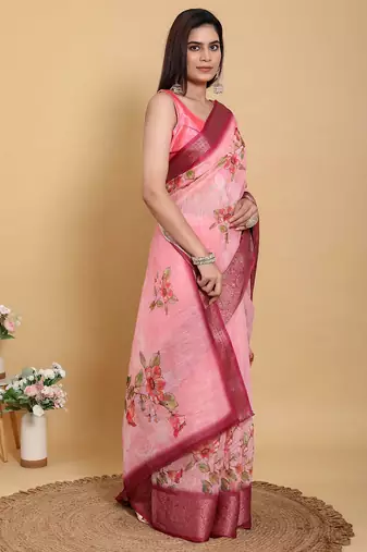 Ready to wear elegant print linen cotton saree with jacquard border & unstitched blouse