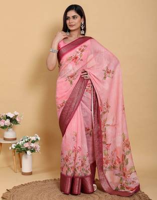 Ready to wear elegant print linen cotton saree with jacquard border & unstitched blouse 4