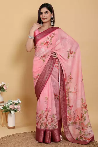 Ready to wear elegant print linen cotton saree with jacquard border & unstitched blouse