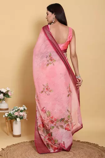 Ready to wear elegant print linen cotton saree with jacquard border & unstitched blouse