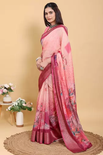 pink colour Ready to wear elegant print linen cotton saree with jacquard border & unstitched blouse