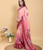 pink colour Ready to wear elegant print linen cotton saree with jacquard border & unstitched blouse