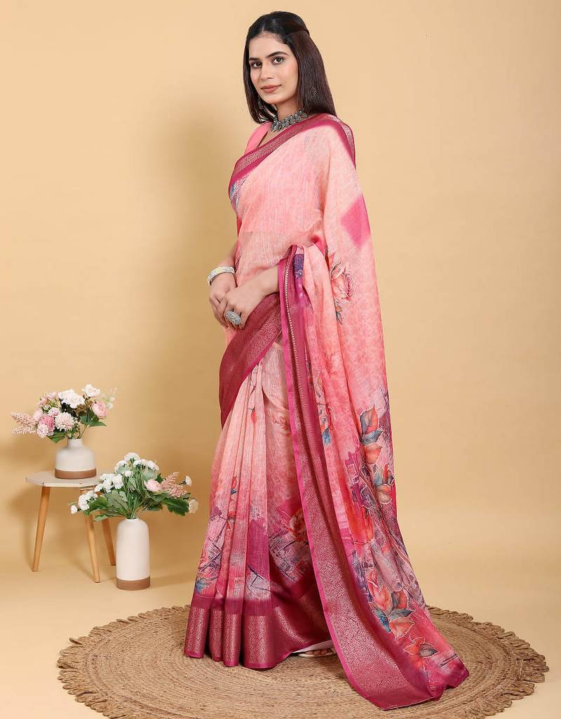 pink colour Ready to wear elegant print linen cotton saree with jacquard border & unstitched blouse