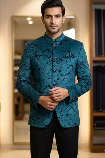 Peacock blue velvet jodhpuri for men | premium designer bandhgala ethnic wear